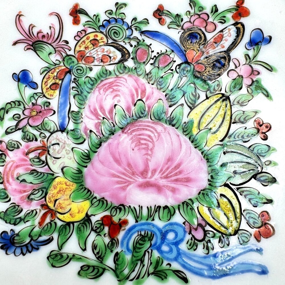 Rose Canton Octagonal Square 7.5" Plate W/ 1000 Butterflies Design Circa 1920 - Picture 5 of 7